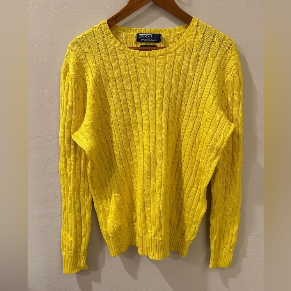 Ralph Lauren Yellow Cable-Knit Cotton Pullover Sweater – Large – 1990s Vintage